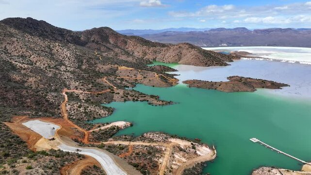Aerial view of copper mine and mountains, United States.