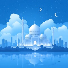 A serene mosque scene at night, reflected on water.