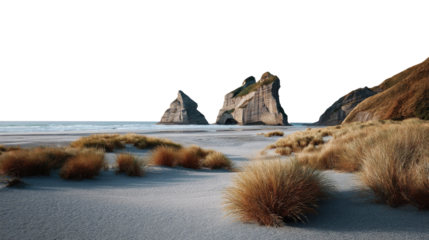 Seascape Vista: Witness the serene coastal vista, where rugged rock formations rise majestically from the tranquil beach. Serene seascape is depicted with precision