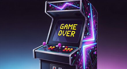 Retro Arcade Game Machine with Neon Purple and Blue Lights Displaying Game Over Screen