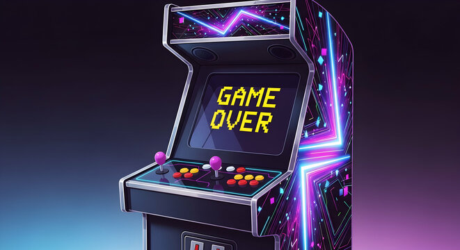 Retro Arcade Game Machine with Neon Purple and Blue Lights Displaying Game Over Screen