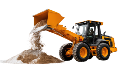 Earthmover in Action: A heavy earthmover meticulously maneuvers, its robust bucket releasing a cascade of construction materials.