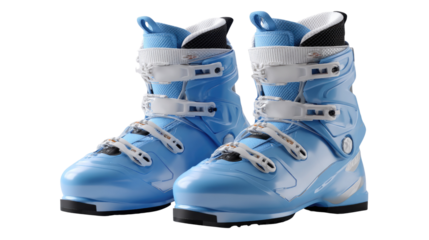 Cool Blue Ski Boots: A pristine pair of ice blue ski boots, poised for a thrilling descent down snow-covered slopes, capturing the essence of winter sports and adventurous recreation.