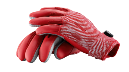 Red Performance Gloves: A detailed shot captures the textured, form-fitting design of red performance gloves, highlighting their ergonomic construction and functionality for outdoor activities. 
