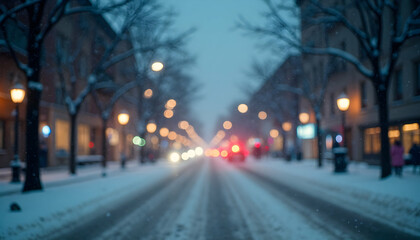 Winter City Street Scene with Snowfall and Glowing Lights