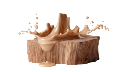 Chocolate Splash: A captivating scene of creamy chocolate splashing atop a rustic wooden stump, showcasing a delightful play of textures and a cascade of flavors.