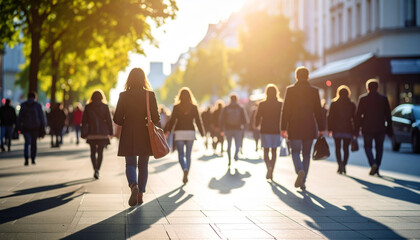 A view of the blurry city's streets during morning rush hour, when people in blurry silhouettes are walking.