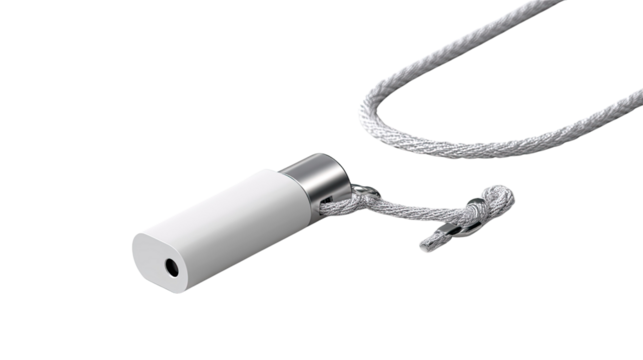 Minimalist White USB: A sleek, minimalist white USB drive hangs elegantly from a simple, light-colored rope necklace, offering a unique and stylish way to store and carry data.