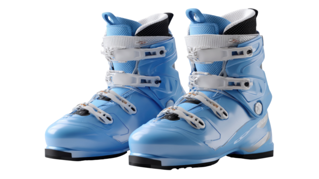 Cool Blue Ski Boots: A pristine pair of ice blue ski boots, poised for a thrilling descent down snow-covered slopes, capturing the essence of winter sports and adventurous recreation.