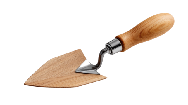 Precision in Construction: A close-up shot captures a detailed trowel tool with a wooden handle, showcasing its unique design and utility for various construction and craft projects.
