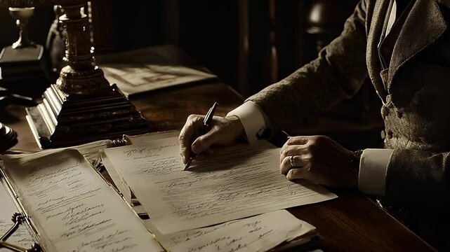 A man in a suit is writing on a paper, illuminated by a desk lamp in dark room