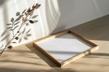 wooden frame mockup poster lying on the table with plant decor for art presentation