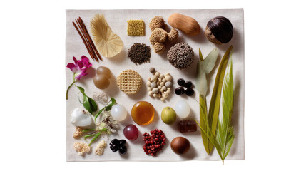 Culinary Symphony: An overhead view of a culinary array, meticulously arranged on a neutral surface, presenting a harmonious blend of organic ingredients.