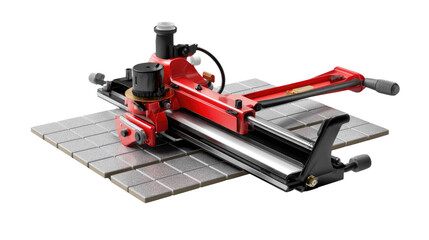 Tile cutter:A red tile cutter sits on a tile, ready for accurately and precisely cutting the material.