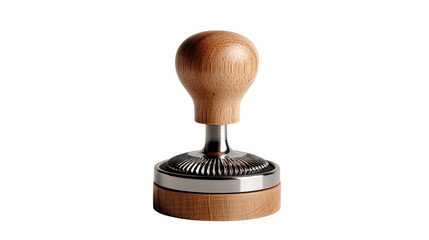 Coffee Tamper with Wooden Handle: A sleek, modern coffee tamper featuring a polished metal base and a stylish light oak wood handle, isolated on a white background.