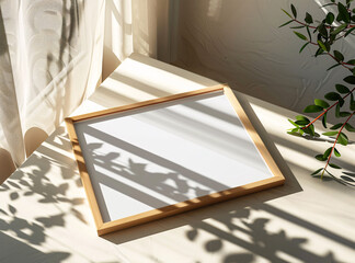 wooden frame mockup poster lying on the table with plant decor for art presentation
