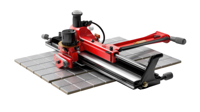 Tile cutter:A red tile cutter sits on a tile, ready for accurately and precisely cutting the material.