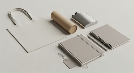 Elegant mockup featuring a tote bag, tube, flask, notebook, and pencil for branding
