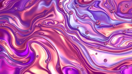 Obraz premium Abstract swirling liquid marble texture with iridescent pink purple and white colors and floating bubbles perfect for background design.