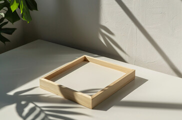 wooden frame mockup poster lying on the table with plant decor for art presentation