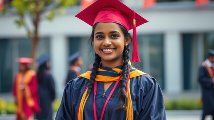 A smiling young woman in a graduation gown and cap poses proudly for a celebratory portrait outdoors on her graduation day.