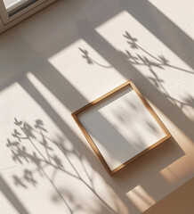 wooden frame mockup poster lying on the table with plant decor for art presentation