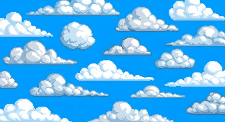 White Cartoon Clouds Floating on Bright Blue Sky Background Seamless Pattern