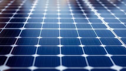A close-up detailed shot reveals the intricate grid pattern of a modern solar panel array generating clean energy.