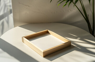 wooden frame mockup poster lying on the table with green plant decor for art showcase