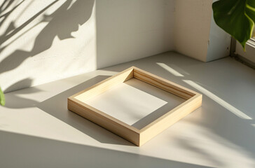 wooden frame mockup poster lying on the table with green plant decor for art showcase