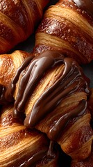 Delicious chocolate croissants tempt the taste buds with their flaky layers and rich, sweet topping, ideal for breakfast pastries, dessert treats, or cafe menu promotions.