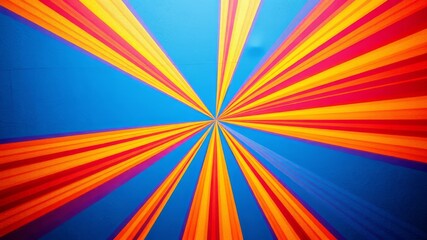 Abstract vibrant radial burst background with orange red and yellow stripes on blue backdrop ideal for dynamic designs.