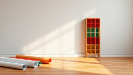 A brightly colored wooden storage unit stands against a white wall in a sunlit room with rolled-up colorful paper tubes on hardwood floor.