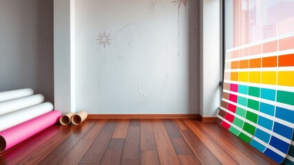 A spacious empty room with hardwood floors awaits a fresh coat of paint as color swatches and paint rollers sit nearby.