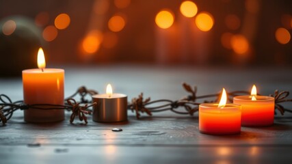 Warm candlelight illuminates a rustic wooden surface adorned with autumnal accents creating a cozy and intimate ambiance perfect for seasonal