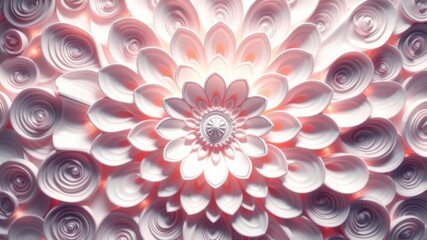 An intricate 3D rende of a radiant white flower with swirling petals and warm lighting creates a luxurious and elegant design.