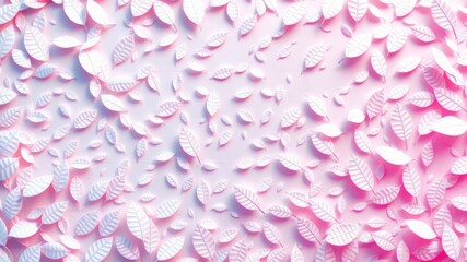 A beautiful background texture features many pink and white paper leaves scattered on a pale pink surface.