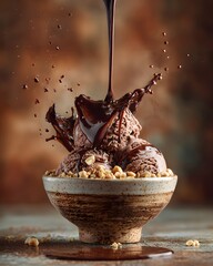 Decadent chocolate ice cream scoops sit in a rustic bowl as rich, dark chocolate sauce is poured, creating a mouthwatering dessert still life perfect for food photography projects.