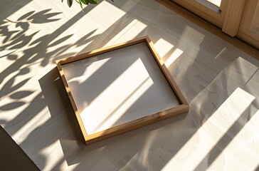 wooden frame mockup poster lying on the table with green plant decor for art showcase