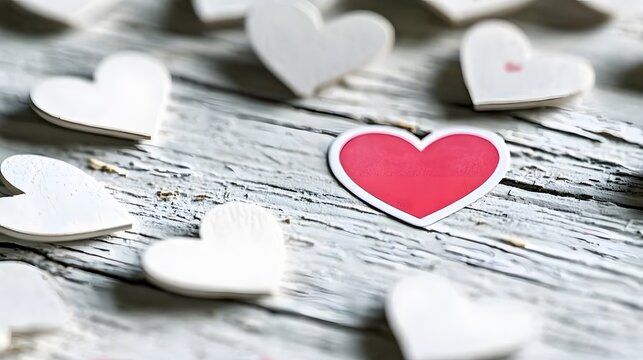Romantic Red Heart Among White Hearts on Rustic Wood