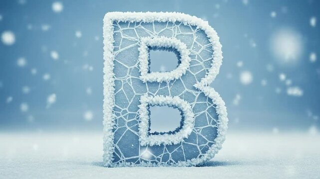 Frozen Letter B Shaped Ice Sculpture with Snowflakes and Frosty Background
