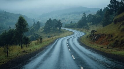 A winding asphalt road curves through a misty, rain-soaked landscape, disappearing into rolling green hills under a gray sky
