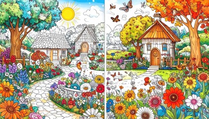 Obraz premium Colorful detailed coloring pages of whimsical houses and gardens
