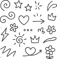 Collection of simple hand drawn doodle graphic elements on a light background, featuring hearts, stars, swirls, flowers, arrows