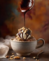 Decadent dessert delight showcases chocolate sauce being poured onto scoops of rich ice cream topped with chopped nuts in a charming ceramic bowl, offering a tempting sweet treat.