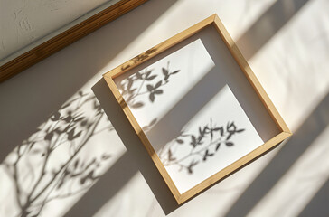 wooden frame mockup poster lying on the table with green plant decor for art showcase