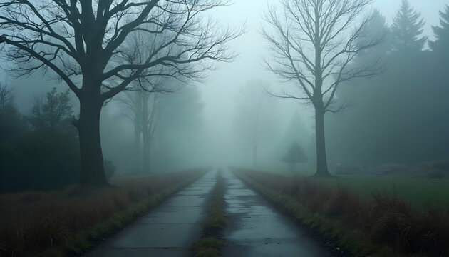 Misty Road Leading Through Forest with Bare Trees and Overcast Sky