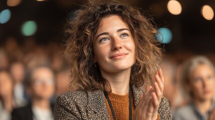 Fototapeta premium Young businesswoman receiving applause after presentation with blurred audience and warm office lighting for success and teamwork concepts