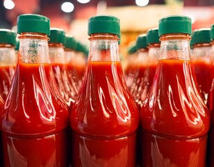 Many bottles of tomato ketchup on the shelf for sale