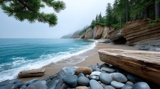 Coastal scene with a sandy beach, dramatic cliffs, and a serene atmosphere